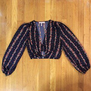 Silky Navy Floral Crop Top w/ Silver Ring